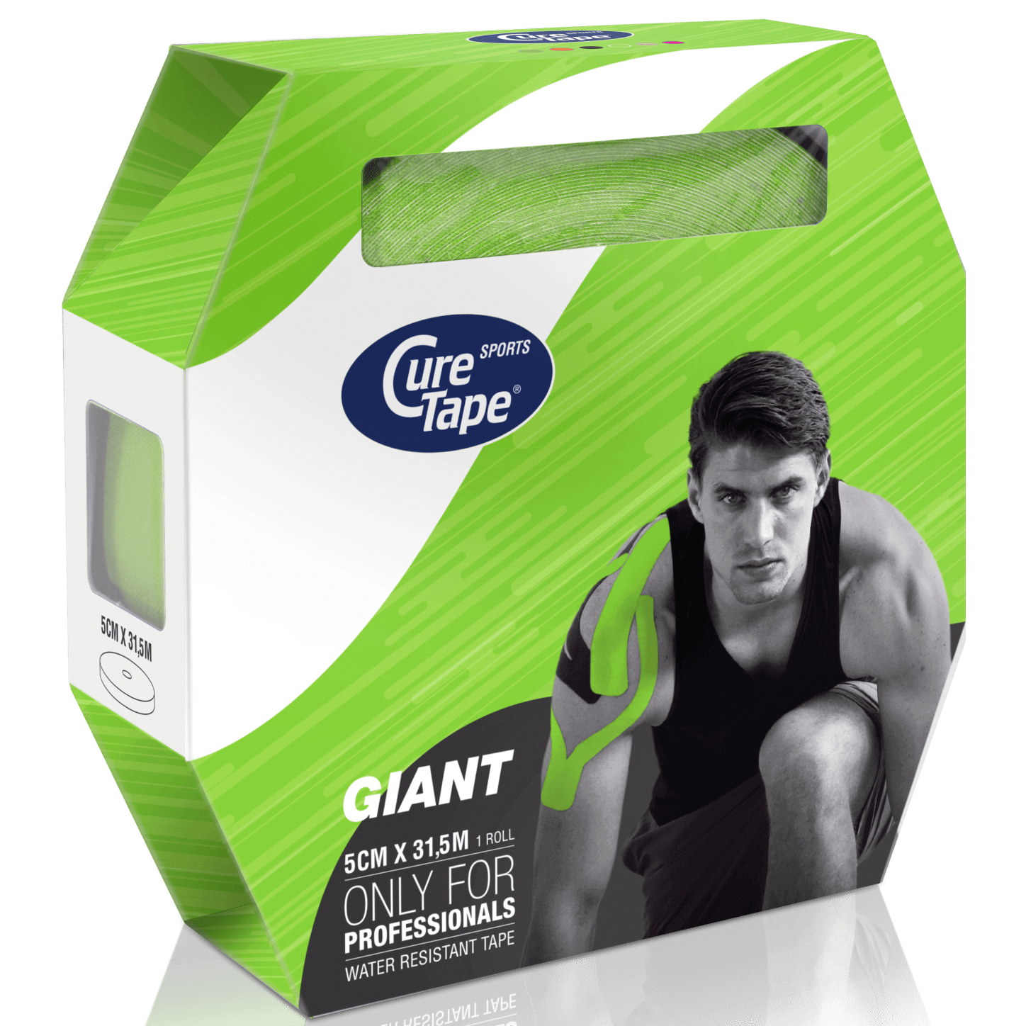 curetape-sports-giant-kinesiology-tape-bulk-roll-lime-green-5cm-x-31.5m-1-single-roll-in-box-packaging-lr-image