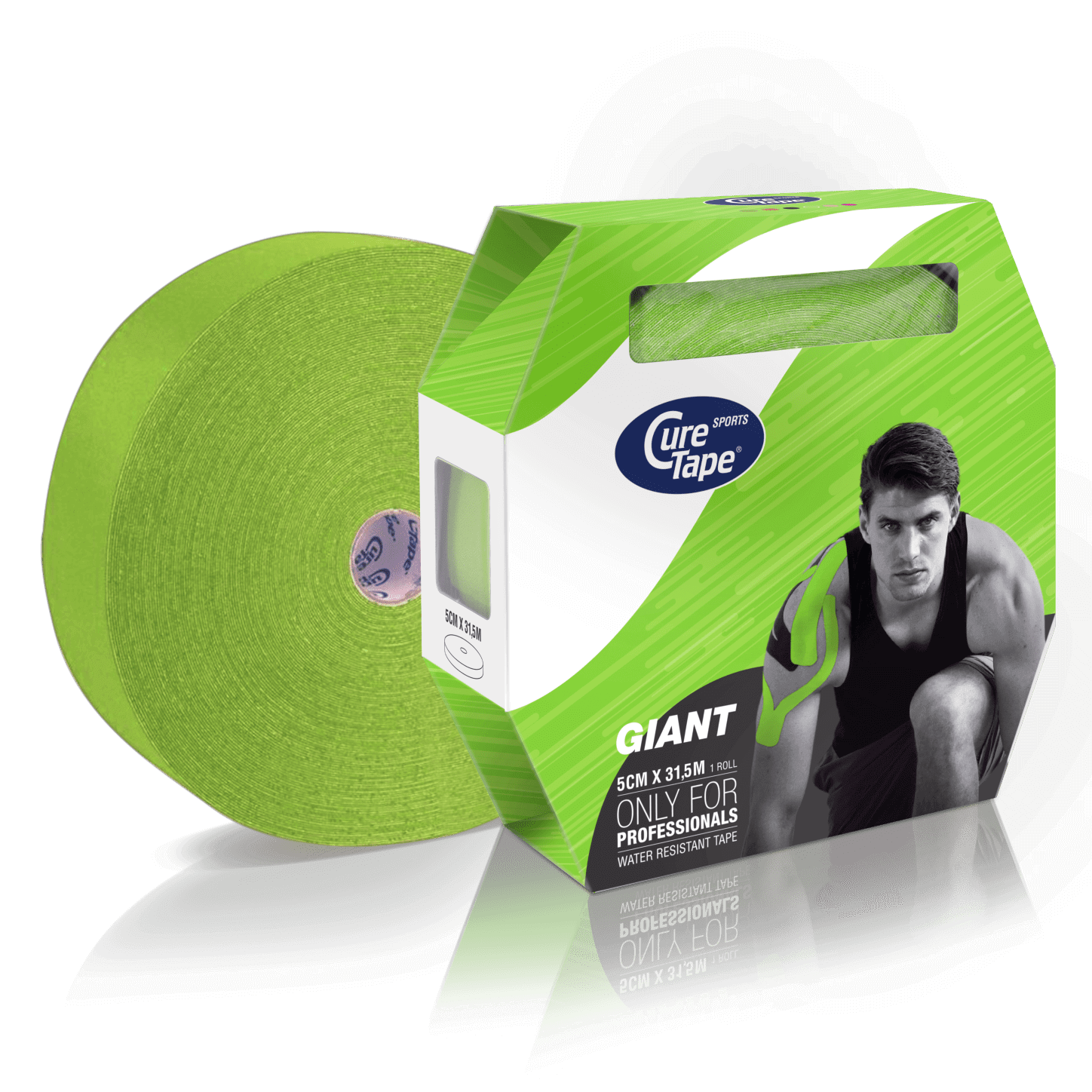 curetape-sports-giant-kinesiology-tape-bulk-roll-lime-green-5cm-x-31.5m-1-single-roll-with-box-packaging-lr-image